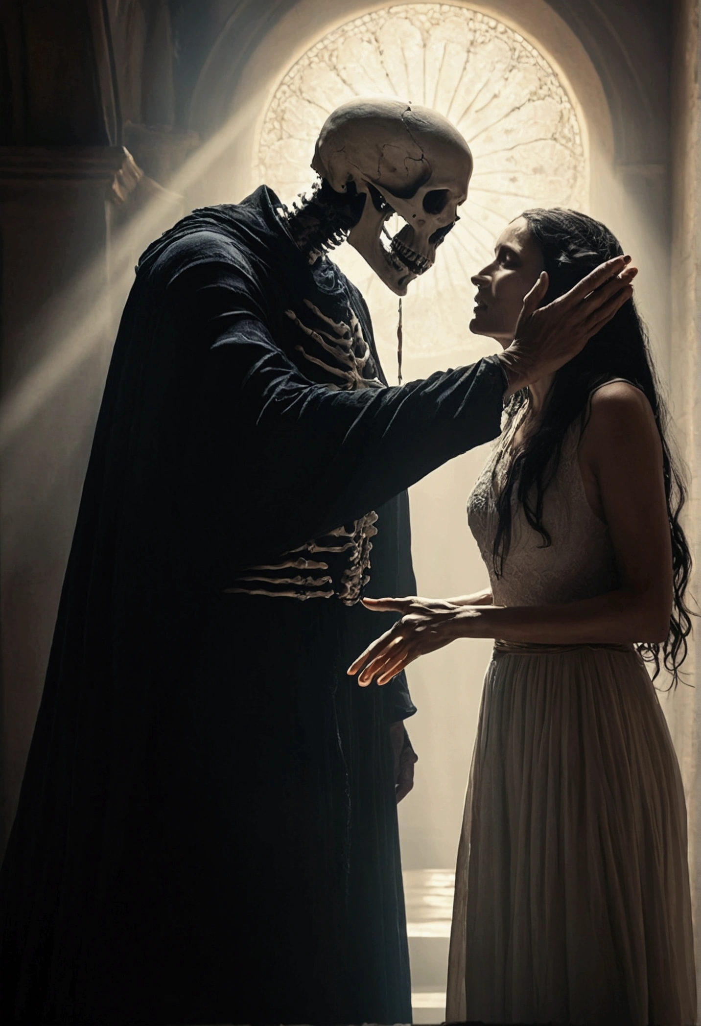 Death extending his hand to a woman who is also extending her hand to death.