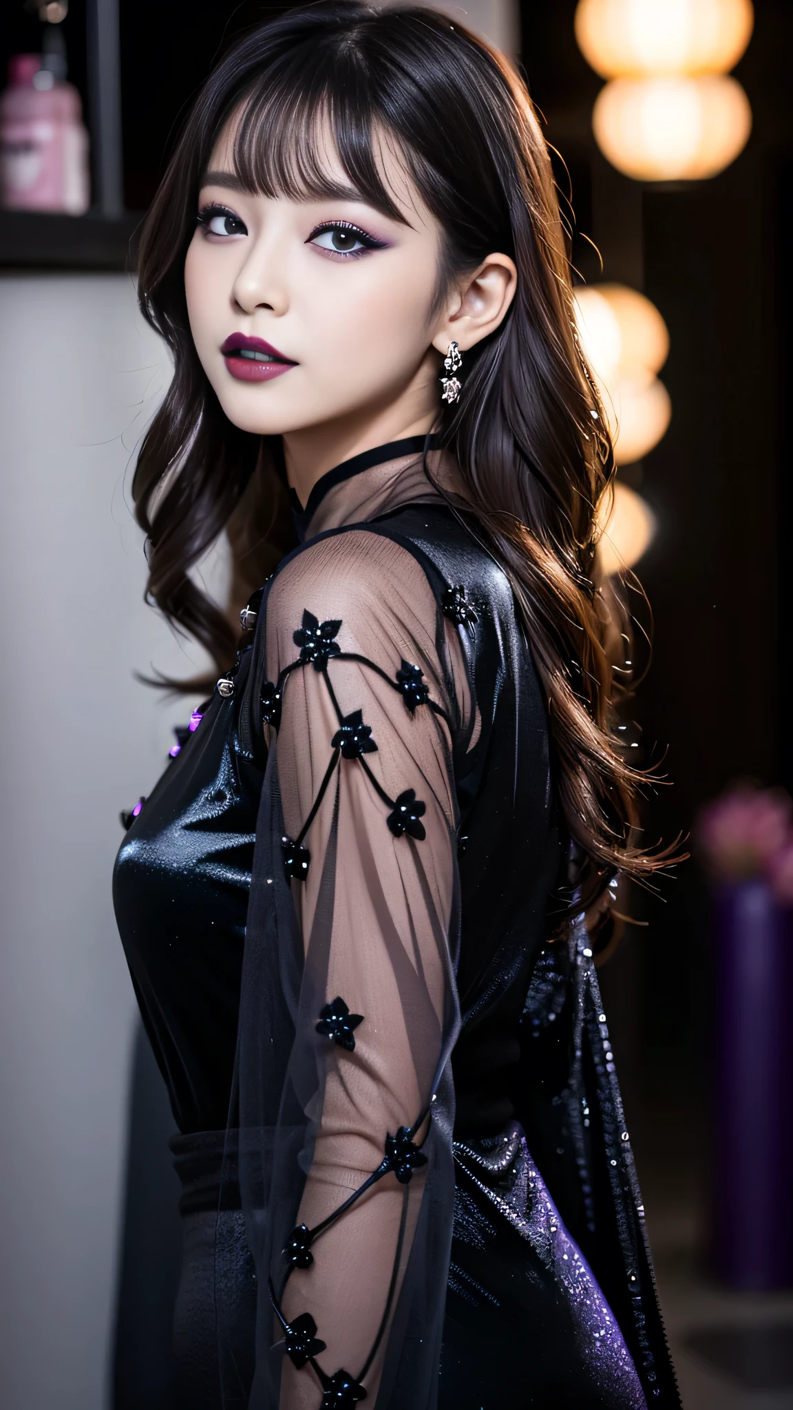 Fine illustration, ultra detailed, highres, from front, , elegant woman, elegant pose, black_dress, bodysuit, white_glistening long hair, beautiful woman, scenary world, detailed bodysuit with glittery decoration of dress, detailed embroidery, extremely layered frills, detailed texture, detailed pattern, room background,