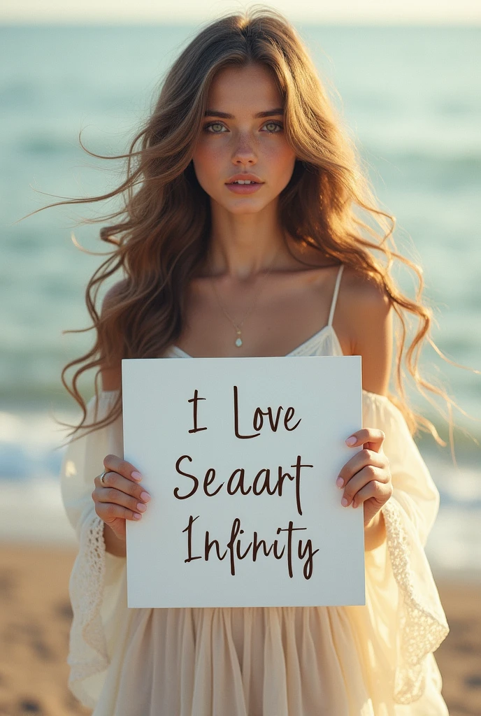 Beautiful girl with wavy long hair, bohemian dress, holding a white board with text "I Love Seaart Infinity" and showing it to the viewer
