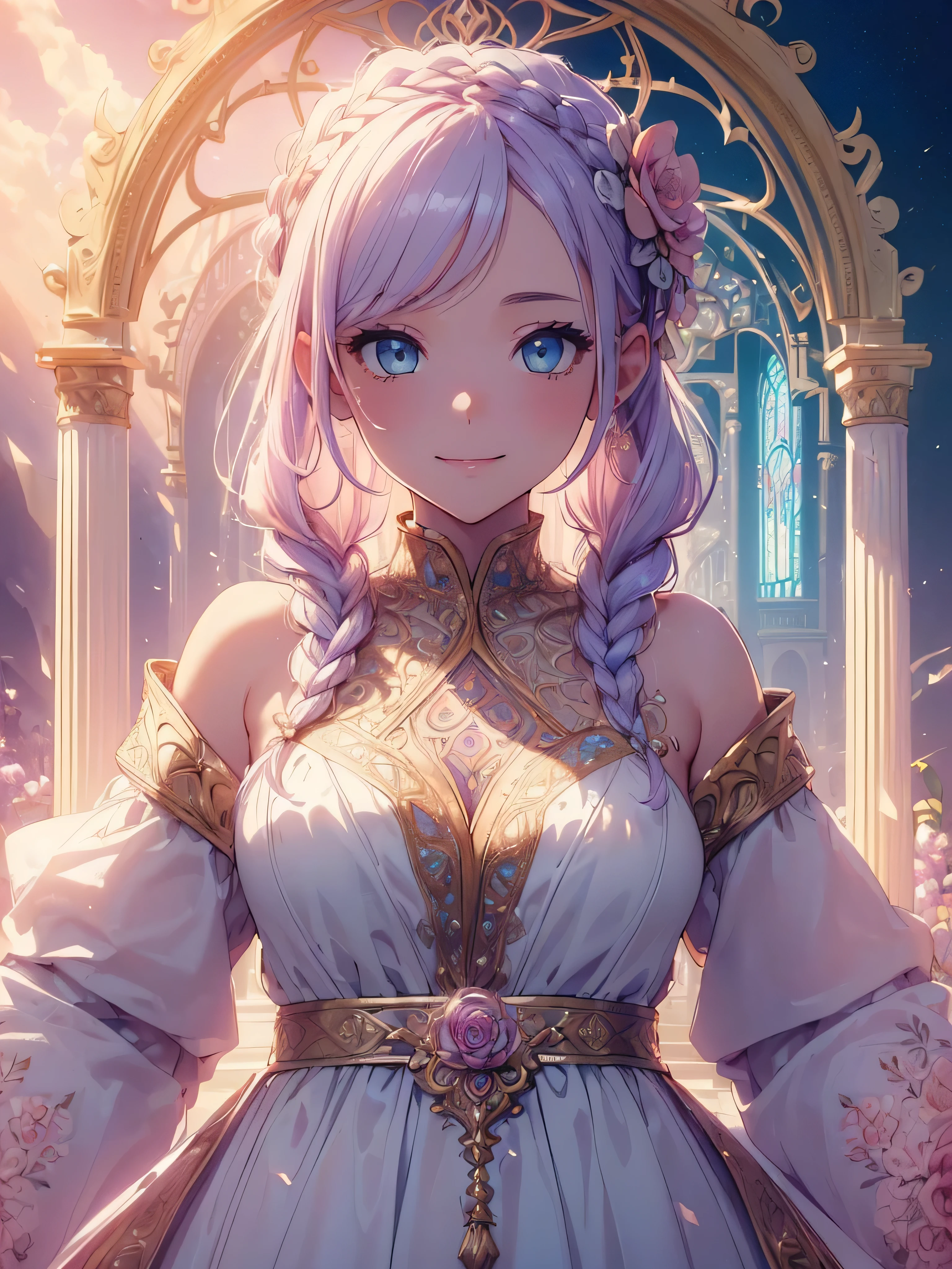 (((best quality, sharp image, clear image, cinematic lighting, 8k resolution, masterpiece, ultra detailed, intricate))) Girl, cute, priestess, intricate dress, braided hair, smiling,pastel pink, pastel blue, ((intricate background)), (flower frame), portal,frontview