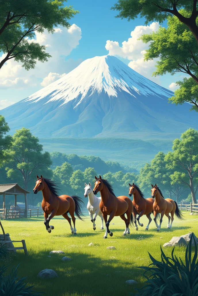 Mount Fuji at the back of the ranch、Horses on the ranch、It's summer