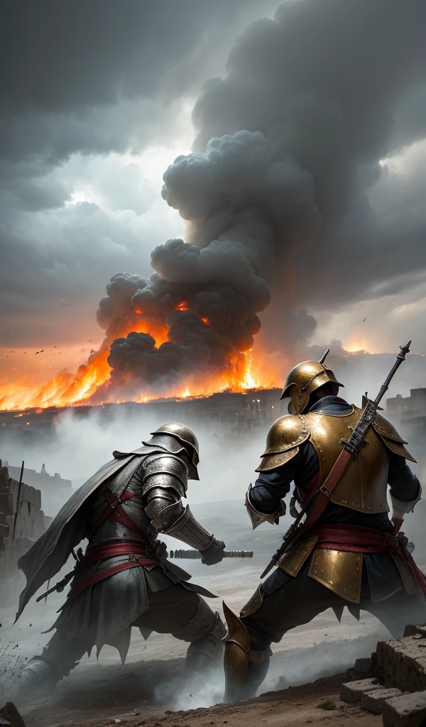 A vast battlefield under a stormy sky, the ancient city of Troy burning in the background, soldiers clad in bronze armor clashing in intense combat.