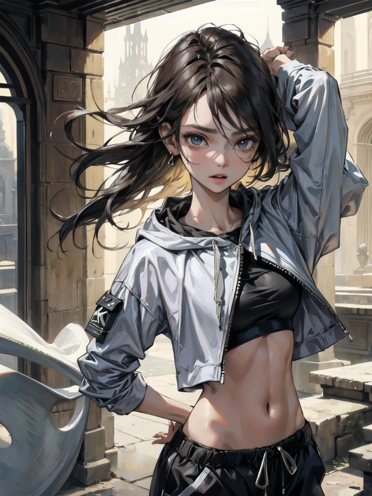 absurdres, RAW photo, extremely delicate and beautiful, masterpiece, Best Quality, ultra high resolution, 32k, hyper realistic, ultra-detailed, Very detailed CG 8k wallpaper, detailed background, landscape, Beautiful Lighting, Perfect Lightning, Realistic Shadows, perfect anatomy, anatomically correct, ideal ratio body proportions, perfect figure, Perfect Style, Perfect balance, super Detailed skin, in her 30s, very Slim body, narrow waist, very small head, very small face, delicate facial features, handsome detailed woman, very detailed eyes and face, realistic face proportions, Realistic beautiful face, Realistic beautiful eyes, tearful mole, earring, whole body shot, very huge round tits, medium short hair, asymmetrical hair, wavy hair, tracksuit shorts, Lightweight hoodie, crop top,