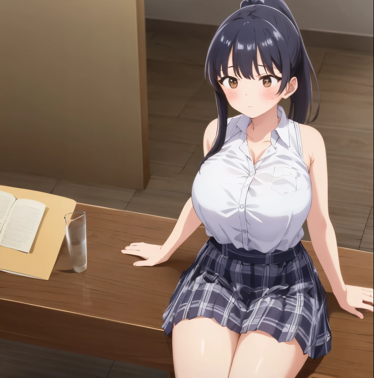 1girl, alone, Anna Yamada, big breasts, medium waist, wide hips, medium thighs, ponytail, black hair, plaid, long hair, alone, brown eyes, blush, bangs, closed mouth, bare shoulders, white shirt, cleavage ,blue skirt, interior, school classroom, sitting at table, legs open, top quality, high resolution, perfect anatomy, perfect hands,