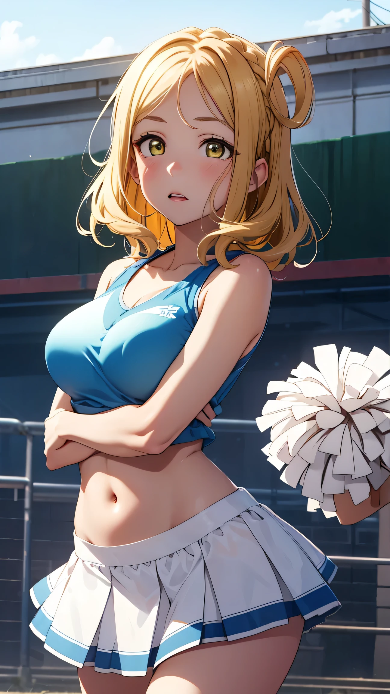 medium breasts, Ohara Mari, hair rings, hair blonde, yellow  eyes, crown braid, medium hair,  (Cheerleader:1.2, clavicle, tummy, sleeveless, miniskirt), school field, looking ahead at viewer, cowboy shot, (work of art), best qualityer, high resolution, unity wallpaper 8k, (illustration:0.8), (beautiful detailed eyes), extreme detailed face, perfect lighting, extremely detailed CG, suprised, shocked