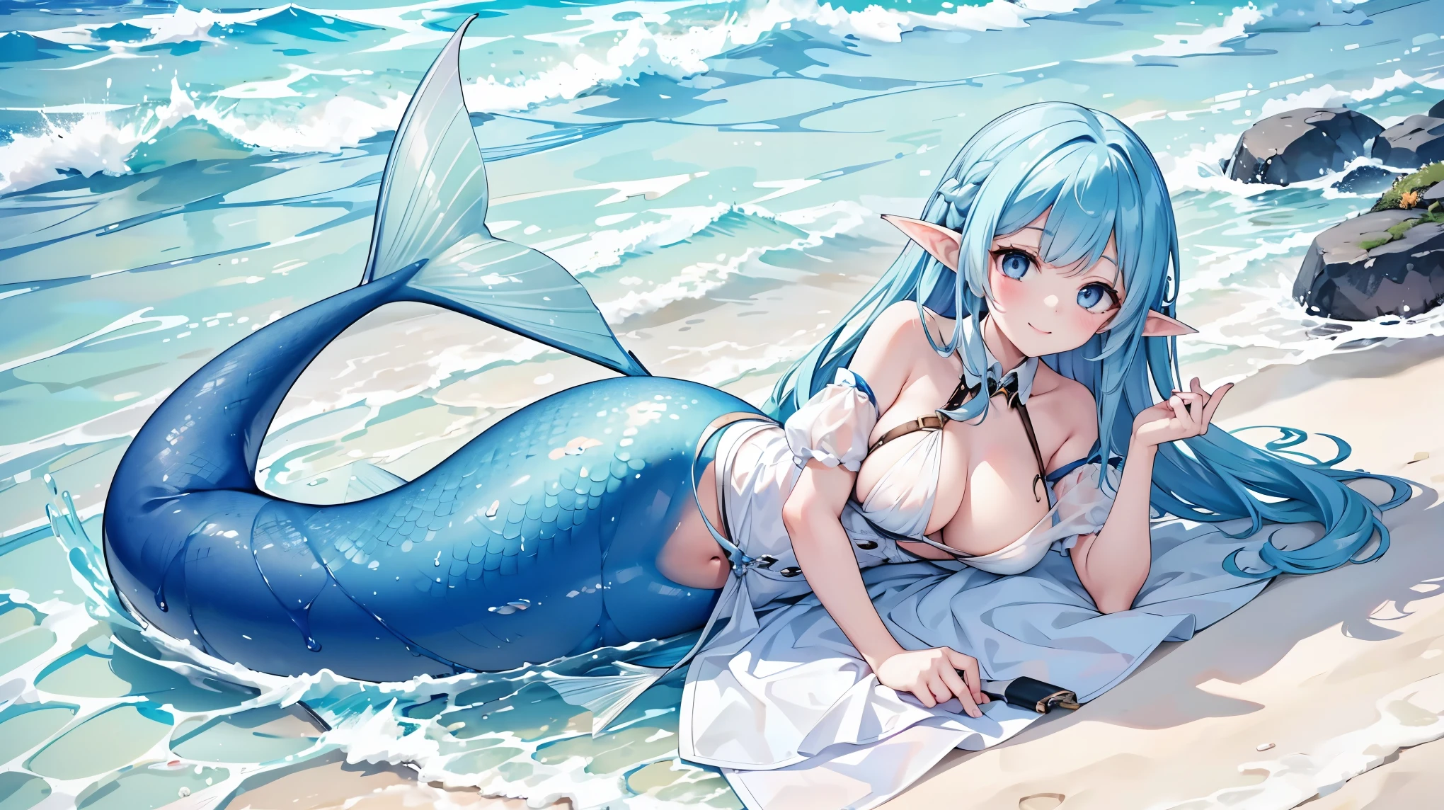 masterpiece, best quality,A girl,Blue Hair,White Dress,Ahog,blue eyes, Elf ears,Solitary,Large Breasts,Mermaid,蓝色的Mermaid尾巴,full-body shot,(In the water:1.2),charming face(Kawaii, charming,Soft),Looking at the audience,Smile,Lying on the beach