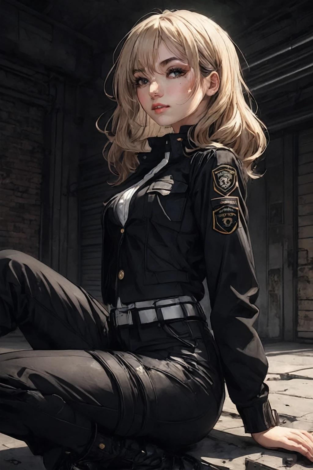 ((best quality)), ((artwork)), Sex/Gender=Female, Nationality= German
Ethnicity= White
Age= 24
Hair= Light brown, wavy, tousled, medium
Eyes= Almond-shaped, green, long eyelashes
Body= 5’1”, 155 cm small. Busty, , athletic and slim build
Face= Oval-shaped, thin brows, button nose and full lips
Features= Fair skin, mischievous and sloppy appearance
Outfit= Black tactical uniform. short jacket, white shirt, military pants, leather boots