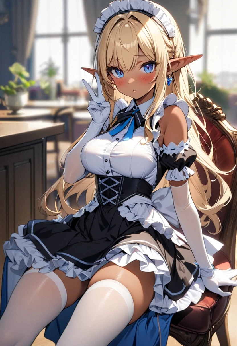 1girl, solo, long hair, breasts, looking at viewer, blush, bangs, blue eyes, skirt, blonde hair, large breasts, thighhighs, gloves, dress, bare shoulders, jewelry, medium breasts, sitting, sidelocks, earrings, frills, parted lips, pointy ears, elbow gloves, indoors, white gloves, dark skin, white dress, blurry, white thighhighs, dark-skinned female, maid, maid headdress, v, blurry background, chair, elf