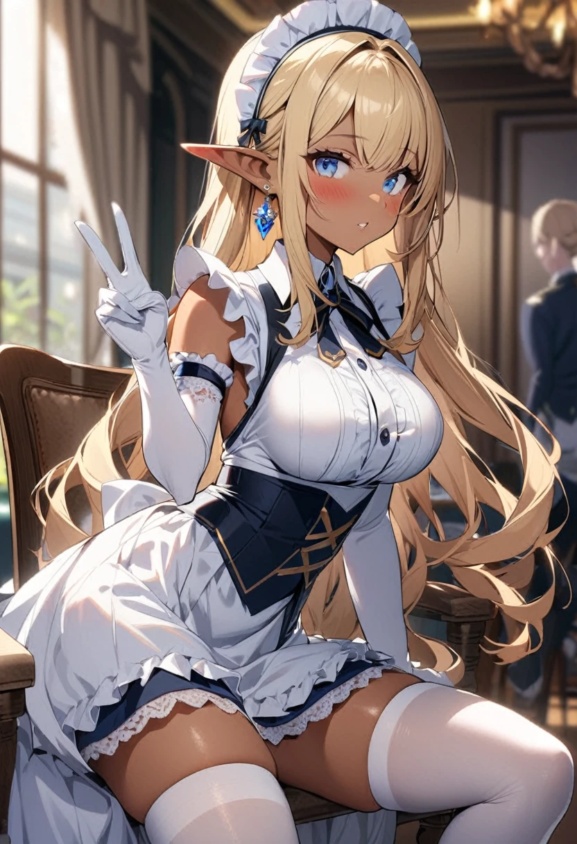 1girl, solo, long hair, breasts, looking at viewer, blush, bangs, blue eyes, skirt, blonde hair, large breasts, thighhighs, gloves, dress, bare shoulders, jewelry, medium breasts, sitting, sidelocks, earrings, frills, parted lips, pointy ears, elbow gloves, indoors, white gloves, dark skin, white dress, blurry, white thighhighs, dark-skinned female, maid, maid headdress, v, blurry background, chair, elf