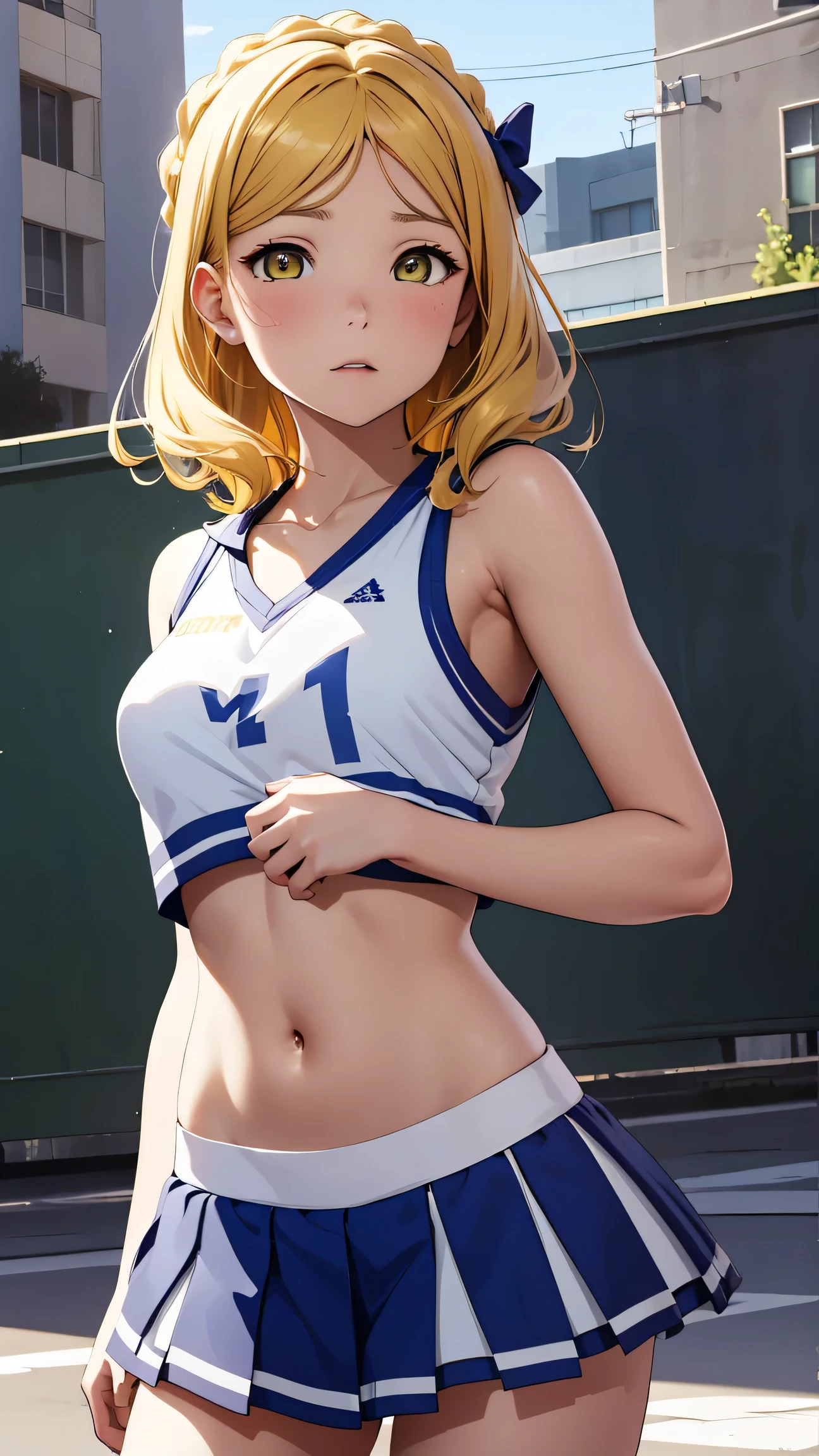 medium breasts, Ohara Mari, hair rings, hair blonde, yellow  eyes, crown braid, medium hair,  (Cheerleader:1.2, clavicle, tummy, sleeveless, miniskirt), school field, looking ahead at viewer, cowboy shot, (work of art), best qualityer, high resolution, unity wallpaper 8k, (illustration:0.8), (beautiful detailed eyes), extreme detailed face, perfect lighting, extremely detailed CG, suprised, shocked