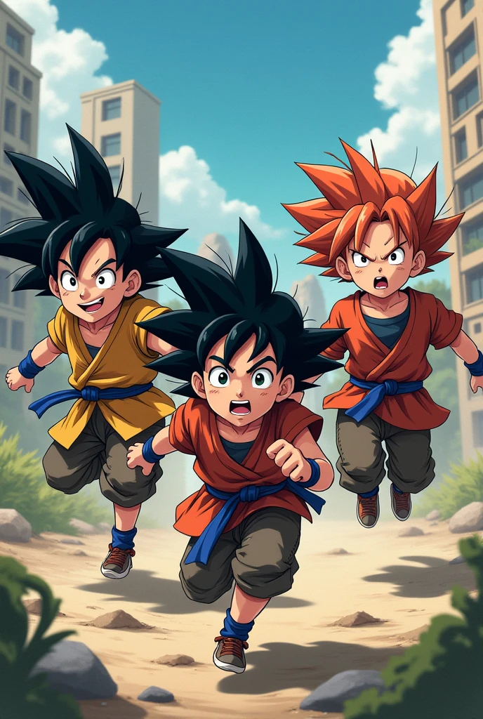 Short boys with messy hair and clothes that look like ninjas or Dragon Ball. 