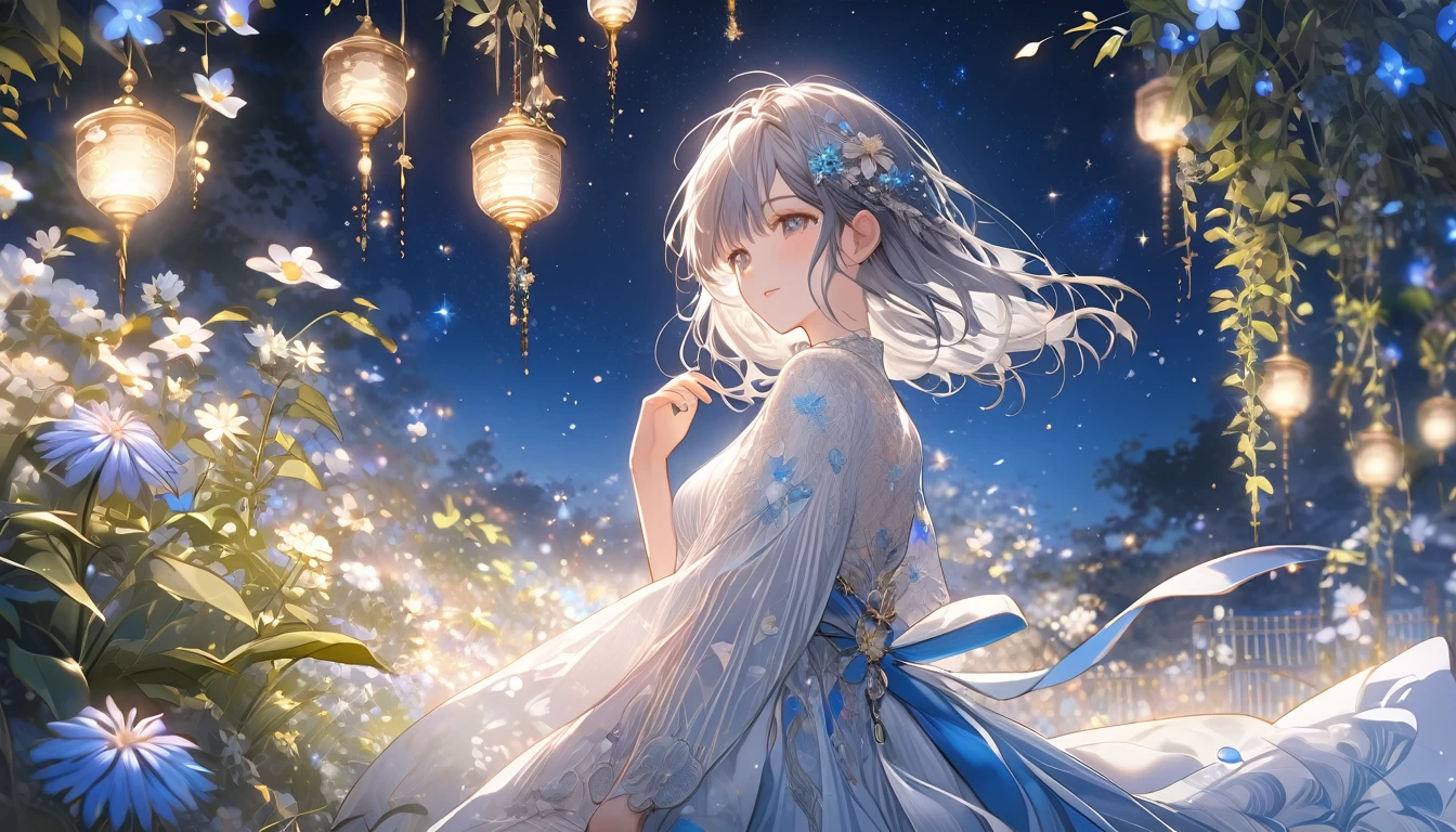 **221. One person。A floating garden in the night sky。Fantasy＋Elegant。Cowboy shot or close-up。  
masterpiece, best quality, ultra detailed (Detailed fingers), (Emotional), (Breathtakingly beautiful),  
(main part: 1.2 Whole body。), (Anime Style), (Very detailed), (Serene),  
(超High resolution, High resolution), (8k), (High resolution: 1.2), (Complex and beautiful: 1.2)**
- background: star々Floating in the shining night sky、Beautiful hanging garden。
- character: 長いドレスと翼を持つElegantな天使。
-pose: Standing on the edge of the garden、Gazing at the night sky。
-expression: A calm and loving expression、目は遠くのstarを見つめている。
- Effects: starの光が庭園を照らし、A soft aura of light surrounds the character。
-color: The color scheme is based on blue and silver.、神秘的でElegantな雰囲気を強調。
