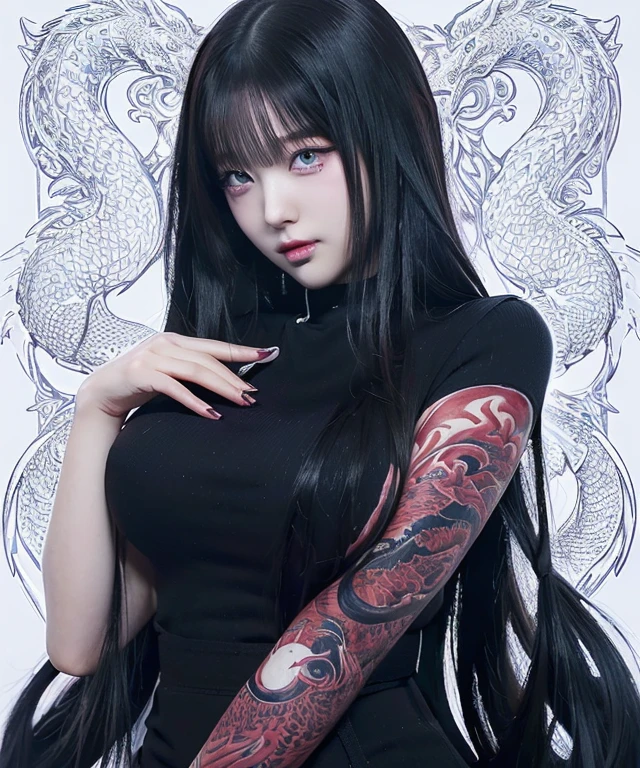 Anime girl with long black hair and a red tie with dragon tattoos all over her arm and deep blue eyes., demon anime girl, By Jin Homura, 1 7 year old anime gothic girl, dragon girl, cartoon character; full body art, anime woman fullbody art, anime monster girl, cartoon character, anime woman, the dragon girl portrait, handsome japanese demon boy, Anime style illustrations, Hinata Hyuga, jisoo from blackpink, popular south korean makeup, quality detailed ,(beautiful makeup :1.2), wide hips, Big, Big ass, (best quality, 8k, masterpiece: 1.3), clear focus: 1.2, Perfect body beauty: 1.4, strong abs, Very detailed face and skin texture. , detailed eyes, double eyelids, (long hair), Having very marked curves, with greater volume in ((hips and breasts)), which makes the waist look much smaller ((wasp waist)).(masterpiece, top quality, Best Quality, official art, depth of field, Beauty: 1.2), pinnacle rendering, Realistic representation, (1 girl), extreme detail, showy, supreme detail, official art, 8k unified wallpaper