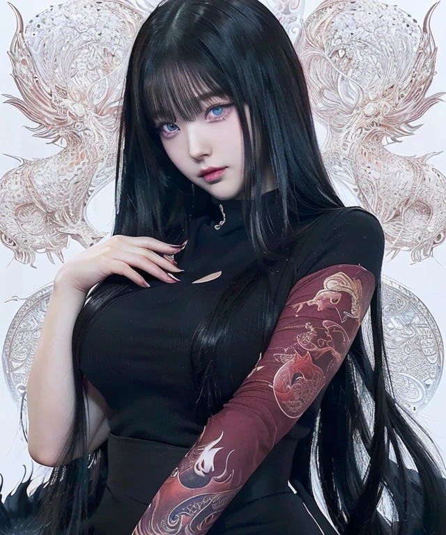 Anime girl with long black hair and a red tie with dragon tattoos all over her arm and deep blue eyes., demon anime girl, By Jin Homura, 1 7 year old anime gothic girl, dragon girl, cartoon character; full body art, anime woman fullbody art, anime monster girl, cartoon character, anime woman, the dragon girl portrait, handsome japanese demon boy, Anime style illustrations, Hinata Hyuga, jisoo from blackpink, popular south korean makeup, quality detailed ,(beautiful makeup :1.2), wide hips, Big, Big ass, (best quality, 8k, masterpiece: 1.3), clear focus: 1.2, Perfect body beauty: 1.4, strong abs, Very detailed face and skin texture. , detailed eyes, double eyelids, (long hair), Having very marked curves, with greater volume in ((hips and breasts)), which makes the waist look much smaller ((wasp waist)).(masterpiece, top quality, Best Quality, official art, depth of field, Beauty: 1.2), pinnacle rendering, Realistic representation, (1 girl), extreme detail, showy, supreme detail, official art, 8k unified wallpaper