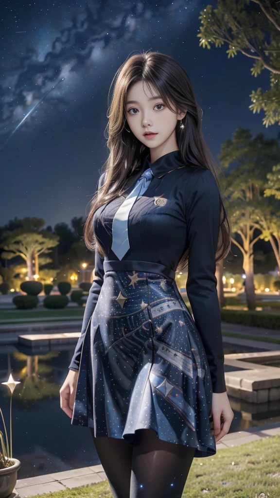 ulzzang-6500-v1.1, (RAW photo: 1.2), (Real photo), (Real photo: 1.4), 1 girl、Perfect anatomy、19 years old、Looking at the camera、Medium length hair、uniform dress, in a surreal royal garden, under the starry night, ((starry night: 1.1))、(Surreal tights: 1.2), (Business service)、Asian eyes Ella,