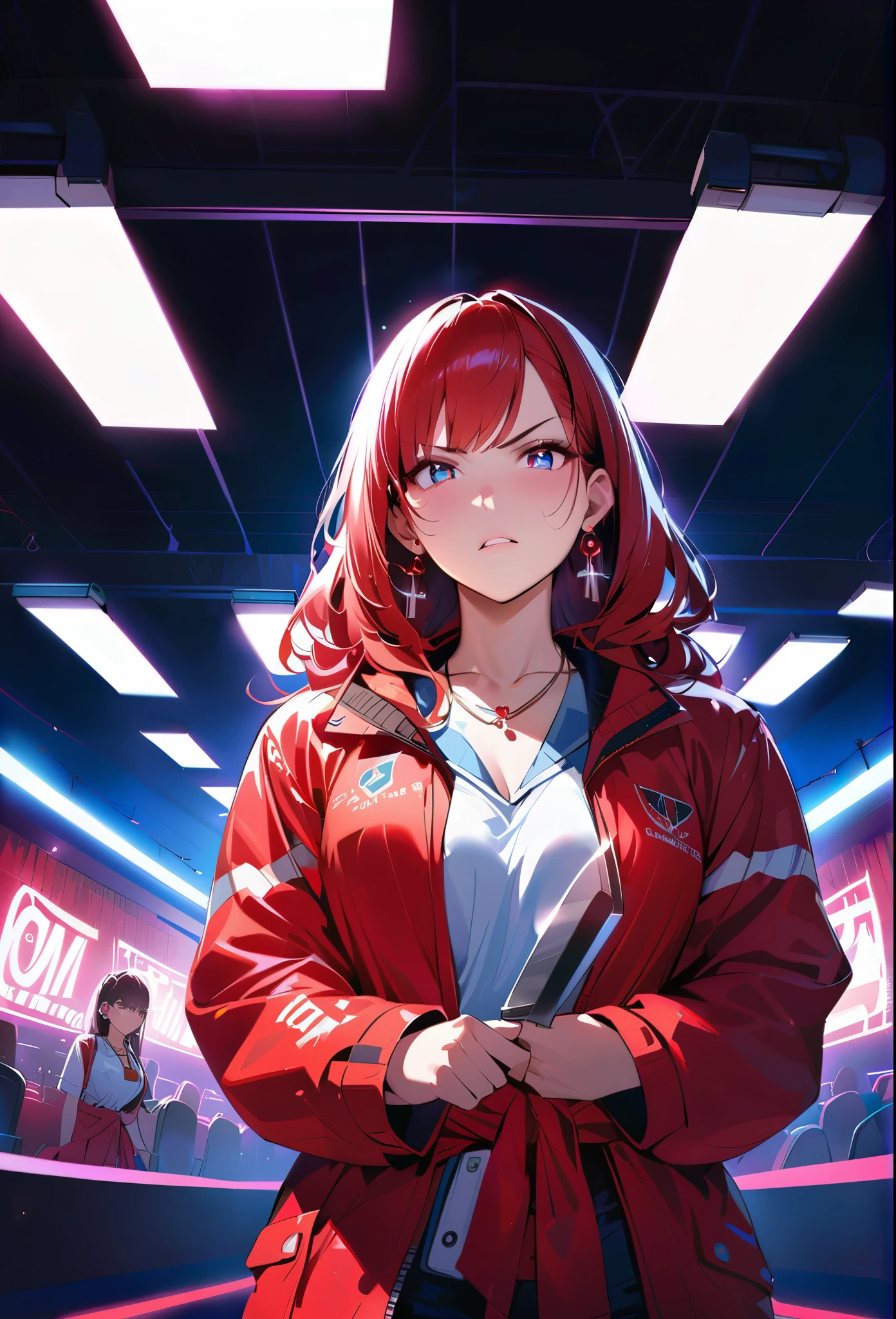 masterpiece, Highest quality, (((Valley Battlefield)))、(((Angry Face)))、Raising awareness, Large knife, プラチナEarrings, Platinum Necklace, Red combat suit,Carrying a weapon, Three Girls, cute, (Dynamic Lighting:1.2), Cinema Lighting, Delicate facial features, Detailed eyes, Sharp pupils, Realistic student, Written boundary depth, ボケ Written boundary depth, Sharp focus, (Very detailed, bloom, Shine:1.4), Lots of little gems, (((long_hair))), Twin tails、Earrings、分けた前hair、銀hair、whole body、Ultra close-up footage、The top is transparent up to the chest.、See-through design。The bottoms are a very short navy blue pleated skirt.、Fits snugly around the waist。The background is simple white.、this、The text is easier to see.。The light source is a soft light from the front....、The overall atmosphere is bright and clean....。