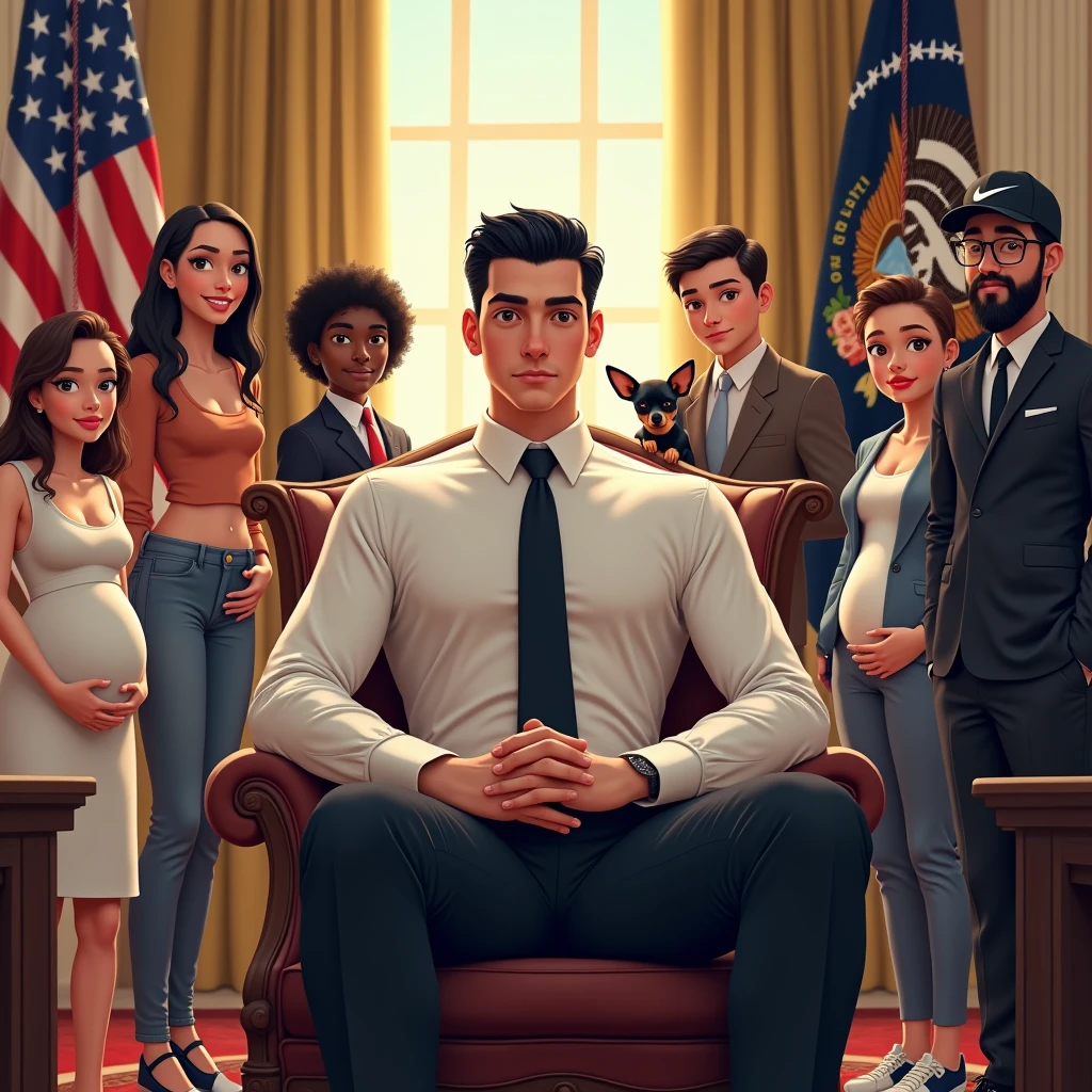 Masterpiece, Excellent, (Office: 1.5), CG drawing with super high detail, handsome, cold face, expressionless,, (a man with short black hair, white shirt, black tie, black pants, leather shoes, a little scum: 1.8),, Inside the president's office, luxurious, sitting on a chair, facing the audience, illustrations Animated white skin beautiful girl fashionable pregnant , a pair of short curly haired boys hugging a black haired chihuahua dog, along with a tall man with a black beard wearing reading glasses , Nike flat cap and sport shirt Nike shoes with USA flag background on the back --v 6 --s 1000 --c 20 --q 500 --chaos 100