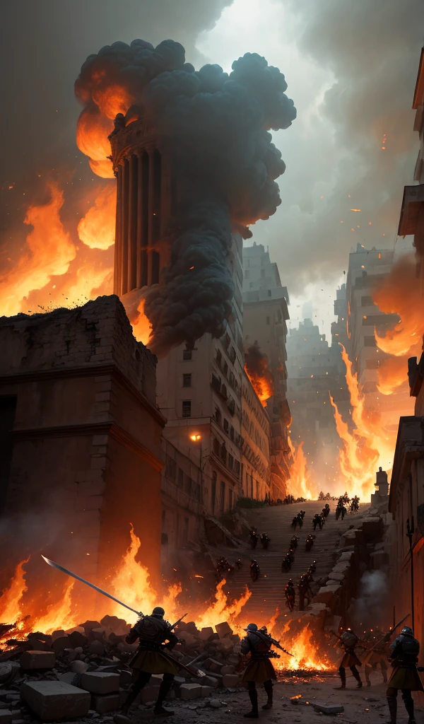 pintura renascentista: tempestade de raios destruindo uma cidade, Cavaleiros em bestas aladas voam ao redor dos raios. destruction, desespero, dor, sofrimento