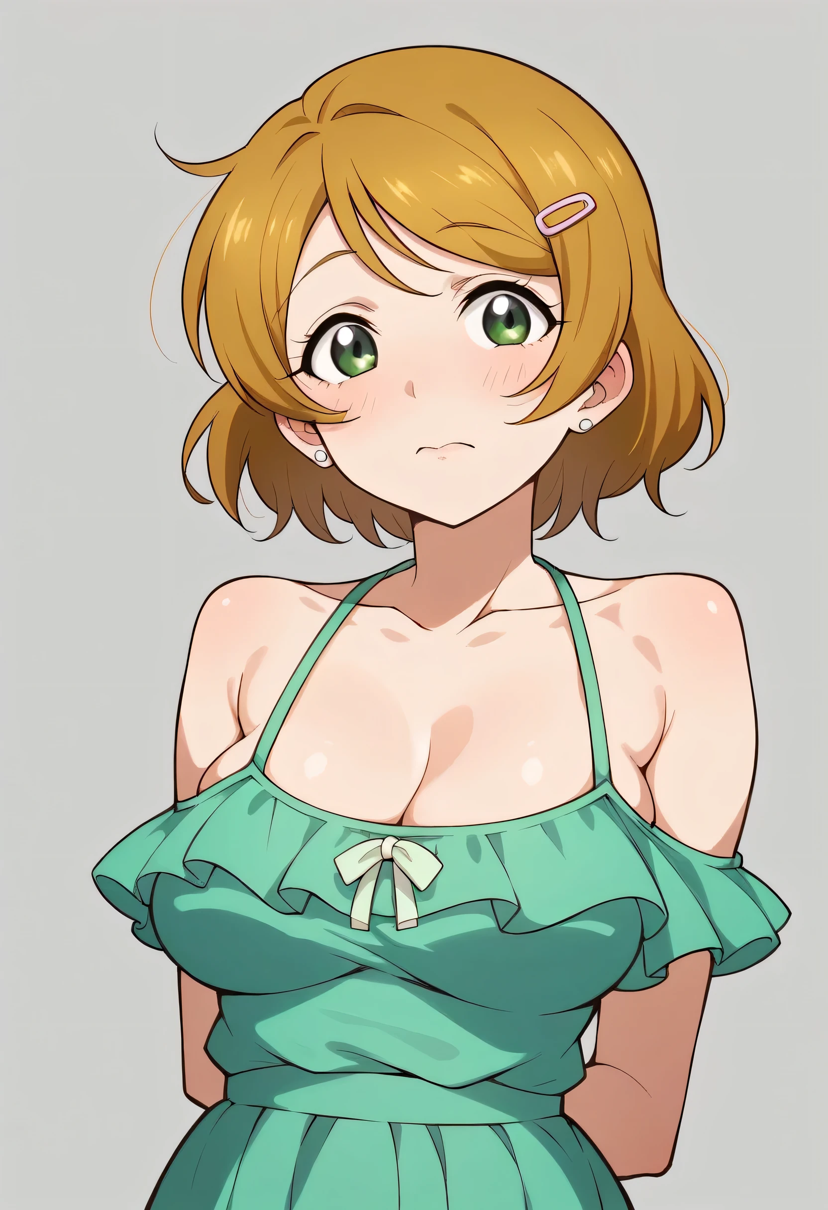 work of art, comely,Hanayo Koizumi Amor on Vivo, green bikini with ruffles,breasts big,(sagging breasts:0.7), arms behind the back, trunk 