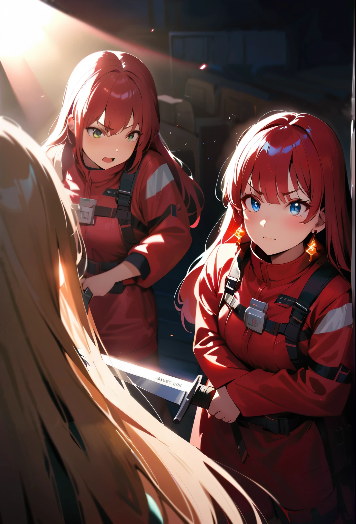 masterpiece, Highest quality, (((Valley Battlefield)))、(((Angry Face)))、Raising awareness, Large knife, プラチナEarrings, Platinum Necklace, Red combat suit,Carrying a weapon, Three Girls, cute, (Dynamic Lighting:1.2), Cinema Lighting, Delicate facial features, Detailed eyes, Sharp pupils, Realistic student, Written boundary depth, ボケ Written boundary depth, Sharp focus, (Very detailed, bloom, Shine:1.4), Lots of little gems, (((long_hair))), Twin tails、Earrings、分けた前hair、銀hair、whole body、Ultra close-up footage、The top is transparent up to the chest.、See-through design。The bottoms are a very short navy blue pleated skirt.、Fits snugly around the waist。The background is simple white.、this、The text is easier to see.。The light source is a soft light from the front....、The overall atmosphere is bright and clean....。