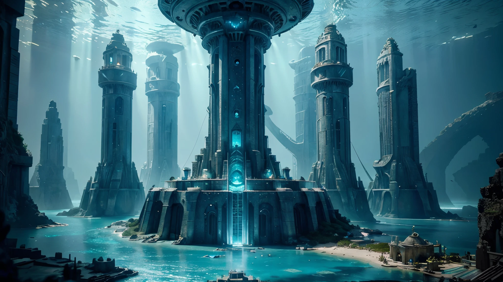 a mythical city of atlantis, shining metropolis, advanced technology, underwater city, sunken ruins, glowing crystals, futuristic architecture, ancient civilization, lost world, intricate details, dramatic lighting, serene ocean, underwater flora and fauna, muted color palette, cinematic, hyper-realistic, 8k, masterpiece, photorealistic