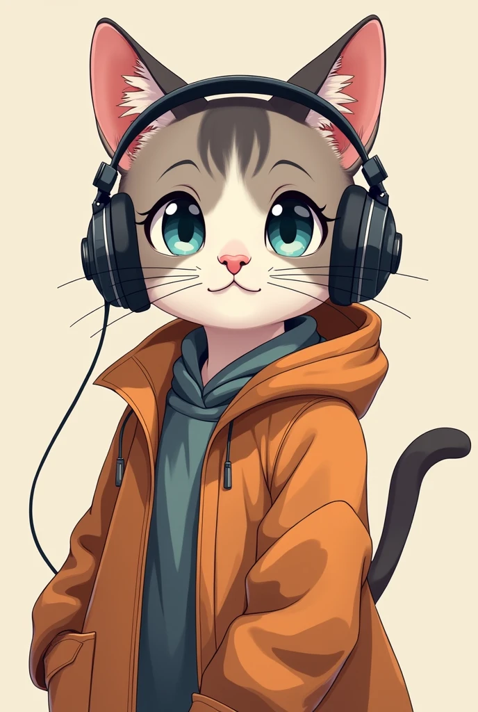 Cat with headphones and coat in 2d anime