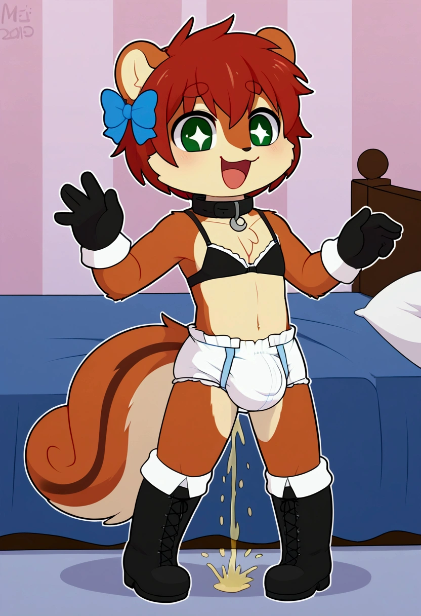 boy, squirrel, furry, bodyfur, tail, collar, bra, bottomless, gloves, boots, chibi, sparkling eyes, idol, hair bow, happy, full body, diapers, bed, peeing, bulge