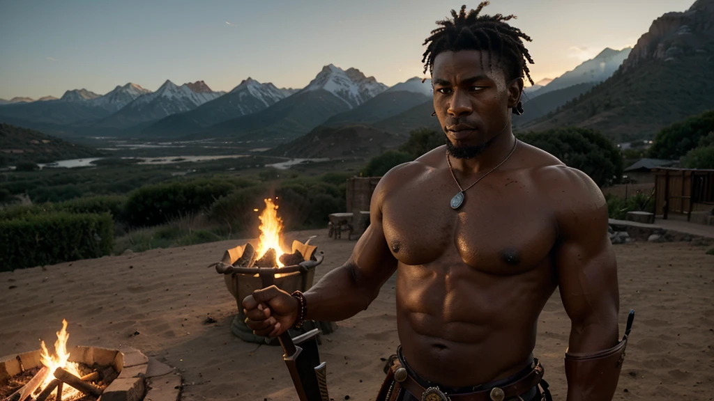 Create a realistic picture of  The early morning light casts long shadows as Kofi, a young warrior from the Mountain Tribe, sharpens his spear by a small fire. He is muscular and determined, wearing traditional mountain warrior attire—leather and metal armor with intricate tribal patterns. Behind him, the rugged mountains rise majestically, their peaks touching the sky. The firelight reflects off Kofi’s focused face, revealing both his strength and the burden of living up to his father’s legacy. In the background, his mother, Nia, approaches with a worried expression, her face lined with age and concern.2. Amani in the Valley 