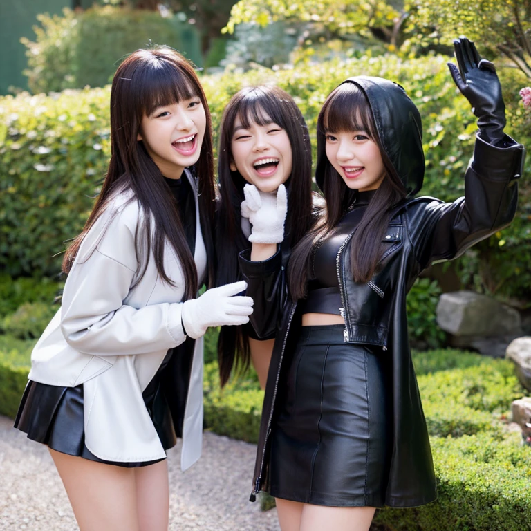 2 Asian Girls, Black Leather Pants, Leather Jacket with Shirt, Long Hair with bangs, Zen Garden, with leather Gloves, with Satin Cloak, Asian, Smile, Friendly, Happy, Open Mouth, tongue out. 