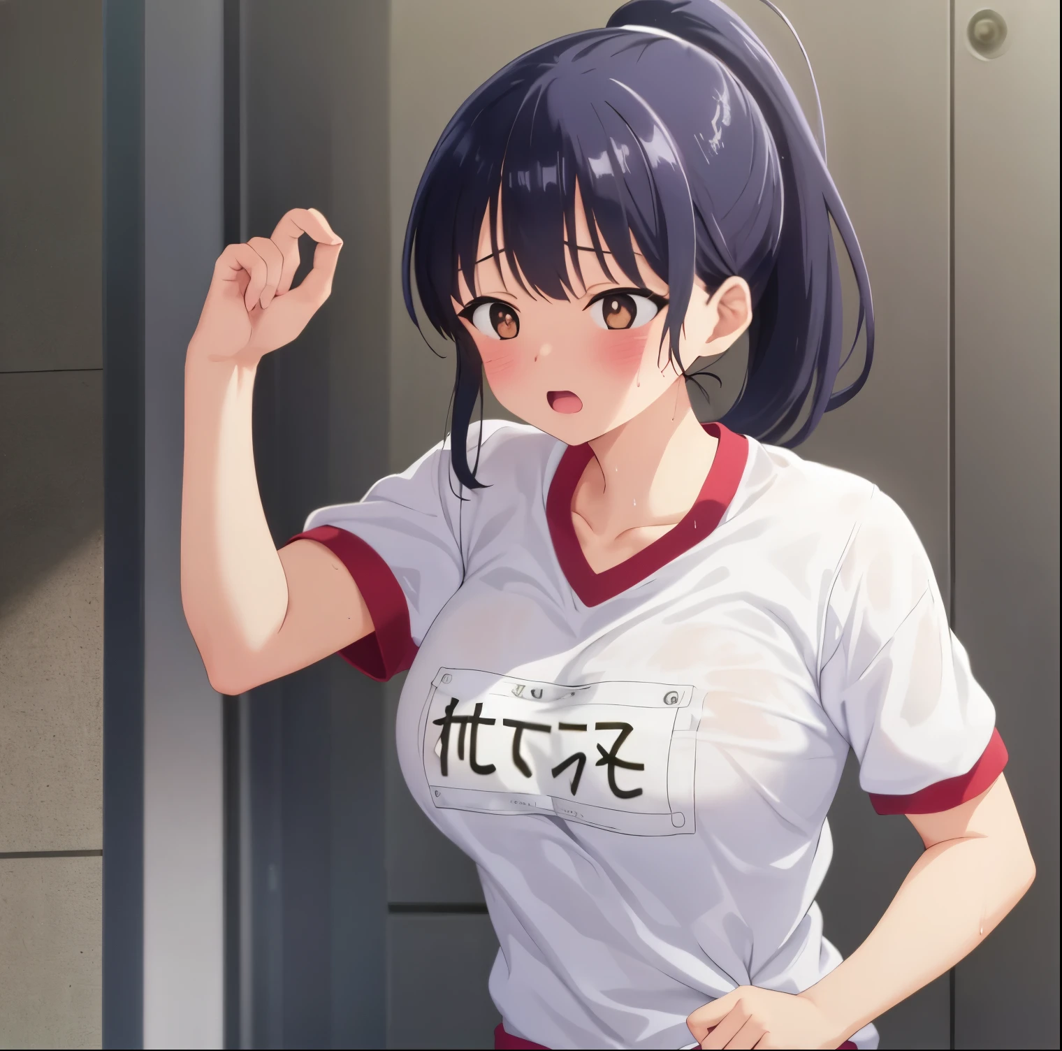 1girl,alone, Anna Yamada,(Masterpiece:1.2, high quality),large breast, gym uniform, brown eyes, shirt, sweat, ponytail, blush, looking at viewer, blue hair, breasts, open mouth, wet, white shirt, short sleeves, name tag, wet clothes, collarbone, upper body, gym shirt, large breasts, perfect hands, perfect anatomy