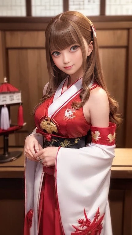 Inside the bar lounge、((No sleeve、Gorgeous embroidery、miko uniform、Shrine Maiden Costume、Shrine Maiden Cosplay、Shrine maiden costume、Shrine maiden costume、With slits:1.3))、1 girl、Medium breast、Short Bob Hair、masterpiece:1.3、Raw photo、Highest quality、Highest quality、Detailed image quality、Detailed Background、Standing in front of the bar counter、