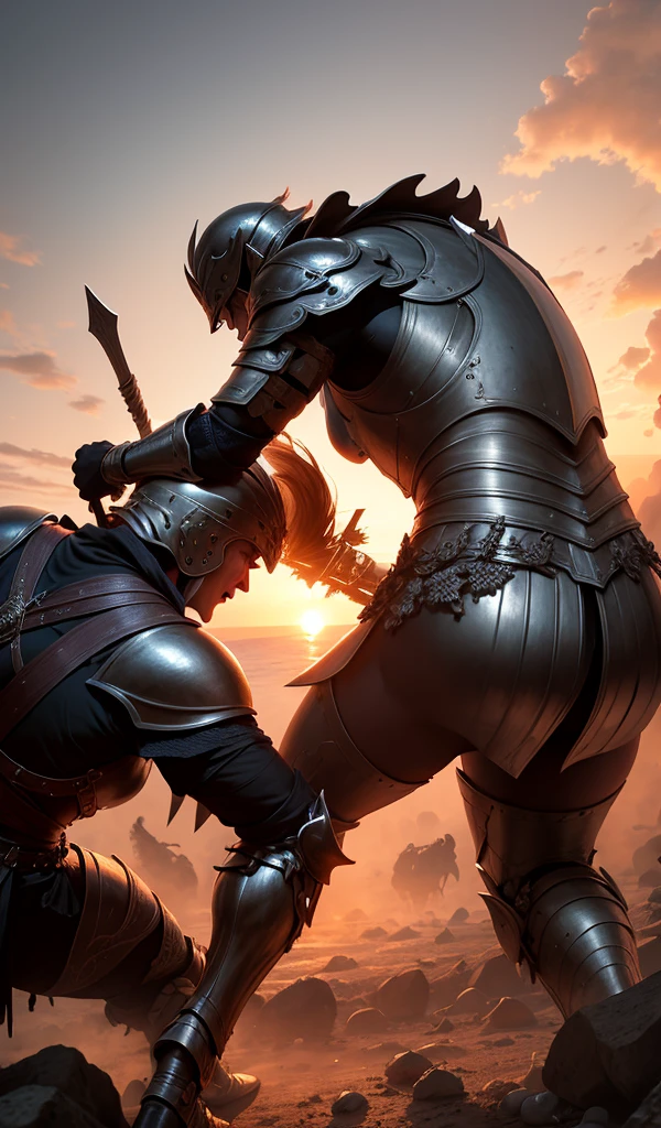 Achilles, in gleaming armor, facing Hector in single combat amidst the chaos of war, their figures highlighted by the setting sun.