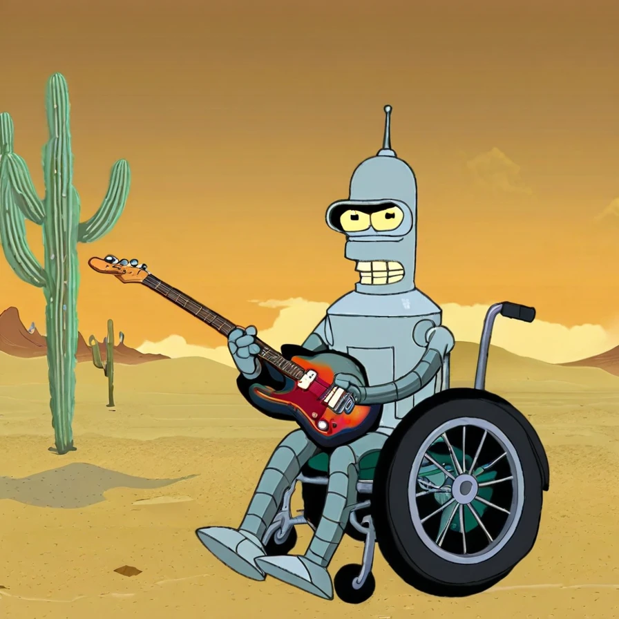 Bender, holding Electric Guitar, sitting at Wheelchair, Desert