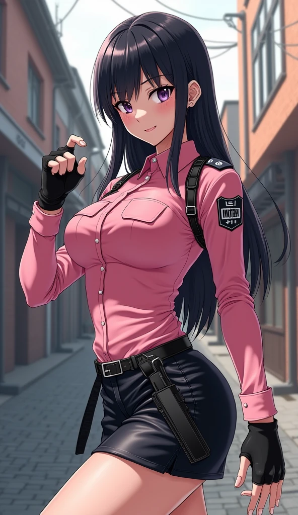 Dynamic composition,((masterpiece, Highest quality)), (Extremely rich facial detail,  white skin, Realistic body, Intricate details), {{Special Effects Heroine：1.6　,Transformation bracelet on your wrist}}　白い肌　Pink-themed uniform,Casual police style.　posture for martial arts,Fighting Pose,　Black Leather Mini Skirt　Japanese　Black long hair　Blunt bangs　Grit your teeth　Glare　anger　Back alleys of slums　black fingerless gloves　Anime illustration, oil　Sharp Eyes　holster