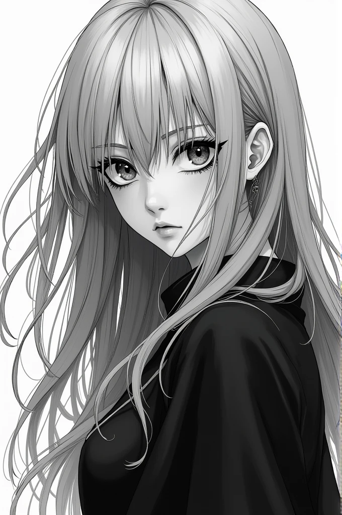 Black and white picture like from a manga. A girl with long grey hair of a 