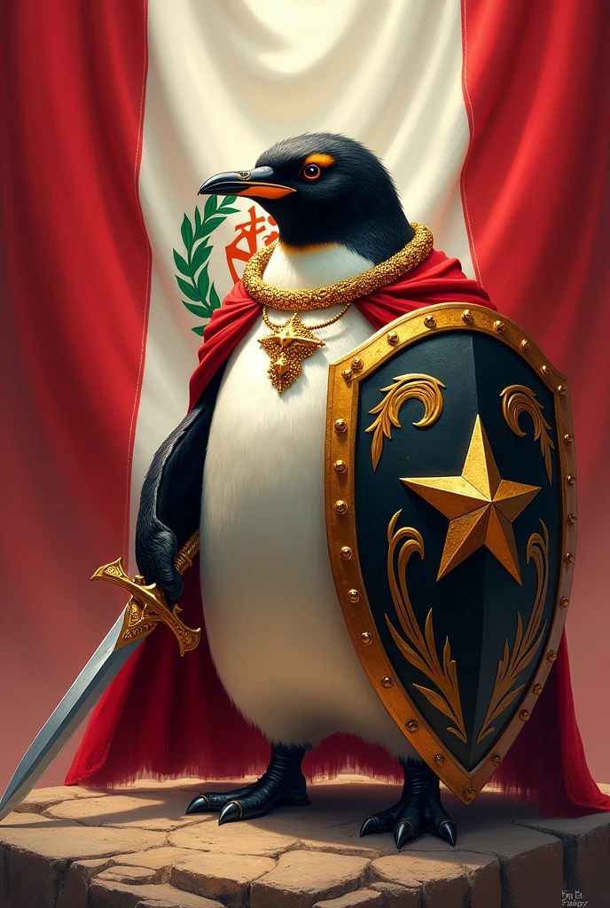 Prince Penguin with his golden star necklace and his golden one-star shield and his sword for war, with the background of the Peruvian flag