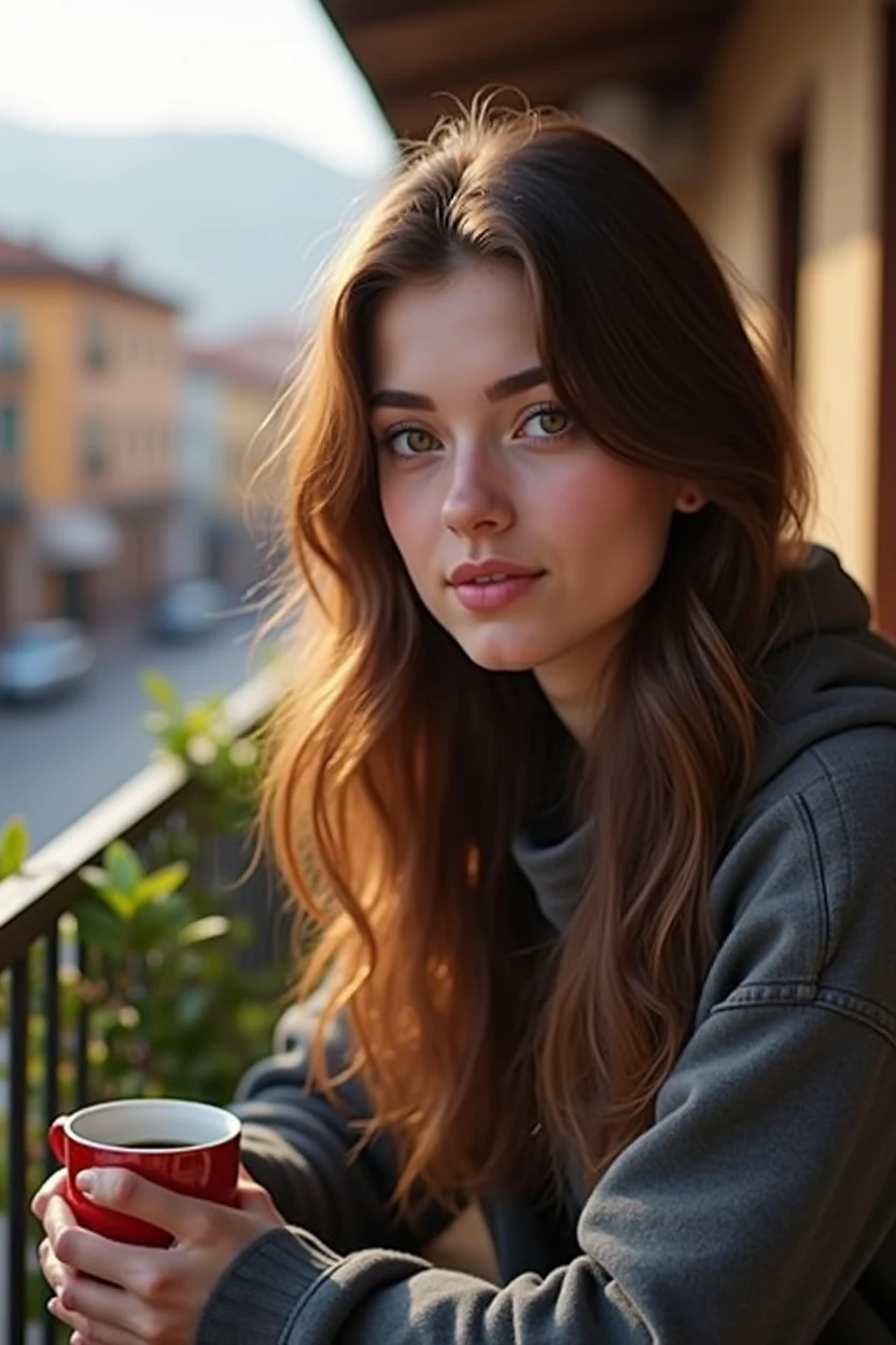 a beautiful twenty-two year old girl with long brown hair, detailed eyes, nose, and lips, wearing casual clothes, Sitting on a balcony drinking coffee in front of a square in Cusco, using your computer, hp computer (Best Quality,4k,8k,High resolution,masterpiece:1.2),ultra detailed,(realist,photorealist,photo-realist:1.37),HdR,studio lighting, extremely detailed face and body., portrait,cinematic lighting,dramatic lighting,warm color tones,dramatic colors