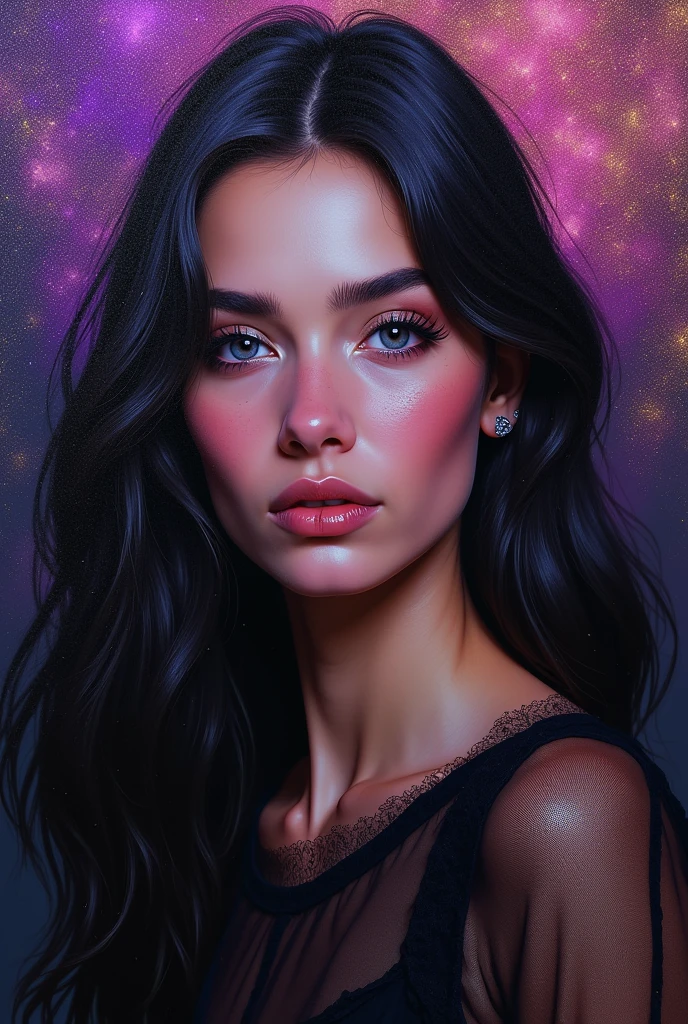 vector image, vibrant colours, smooth gradation, best quality, masterpiece, absurdres, ((isolated)), (dark black background), (detailed face and eyes:1.2), sweet smile, detailed beautiful eyes, eyelashes, wet glossy full lips, sensual, volumetric lights, medium shot, half body shot, busty, full cleavage, curvaceous, Unimaginably beautiful girl, enchanting, glistening skin, nipples popped out, purple violet magenta tinted back lights