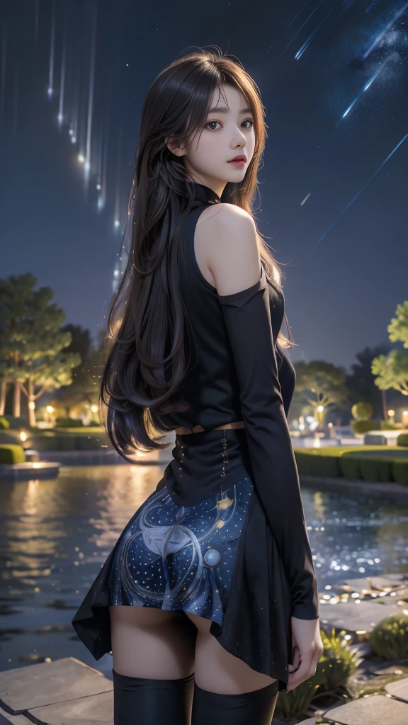 ulzzang-6500-v1.1, (RAW photo: 1.2), (Real photo), (Real photo: 1.4), 1 girl、Perfect anatomy、19 years old、Looking at the camera、((from behind)), Medium length hair、uniform dress, in a surreal royal garden, under the starry night, ((starry night: 1.1))、(Surreal tights: 1.2), (Business service)、Asian eyes Ella,