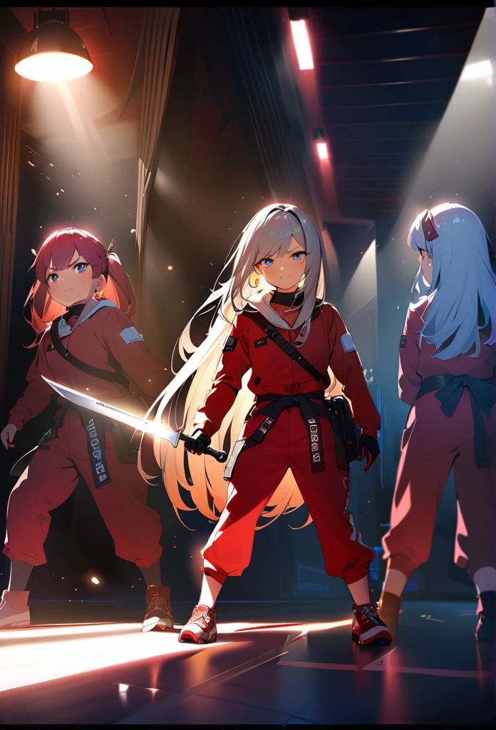 masterpiece, Highest quality, (((Valley Battlefield)))、(((Angry Face)))、Raising awareness, Large knife, プラチナEarrings, Platinum Necklace, Red combat suit,Carrying a weapon, Three Girls, cute, (Dynamic Lighting:1.2), Cinema Lighting, Delicate facial features, Detailed eyes, Sharp pupils, Realistic student, Written boundary depth, ボケ Written boundary depth, Sharp focus, (Very detailed, bloom, Shine:1.4), Lots of little gems, (((long_hair))),　Twin tails、Earrings、分けた前hair、銀hair、whole body、Ultra close-up footage、The top is transparent up to the chest.、See-through design。The bottoms are a very short navy blue pleated skirt.、Fits snugly around the waist。The background is simple white.、this、The text is easier to see.。The light source is a soft light from the front....、The overall atmosphere is bright and clean....。