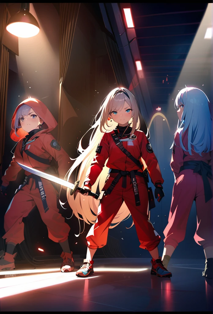 masterpiece, Highest quality, (((Valley Battlefield)))、(((Angry Face)))、Raising awareness, Large knife, プラチナEarrings, Platinum Necklace, Red combat suit,Carrying a weapon, Three Girls, cute, (Dynamic Lighting:1.2), Cinema Lighting, Delicate facial features, Detailed eyes, Sharp pupils, Realistic student, Written boundary depth, ボケ Written boundary depth, Sharp focus, (Very detailed, bloom, Shine:1.4), Lots of little gems, (((long_hair))),　Twin tails、Earrings、分けた前hair、銀hair、whole body、Ultra close-up footage、The top is transparent up to the chest.、See-through design。The bottoms are a very short navy blue pleated skirt.、Fits snugly around the waist。The background is simple white.、this、The text is easier to see.。The light source is a soft light from the front....、The overall atmosphere is bright and clean....。