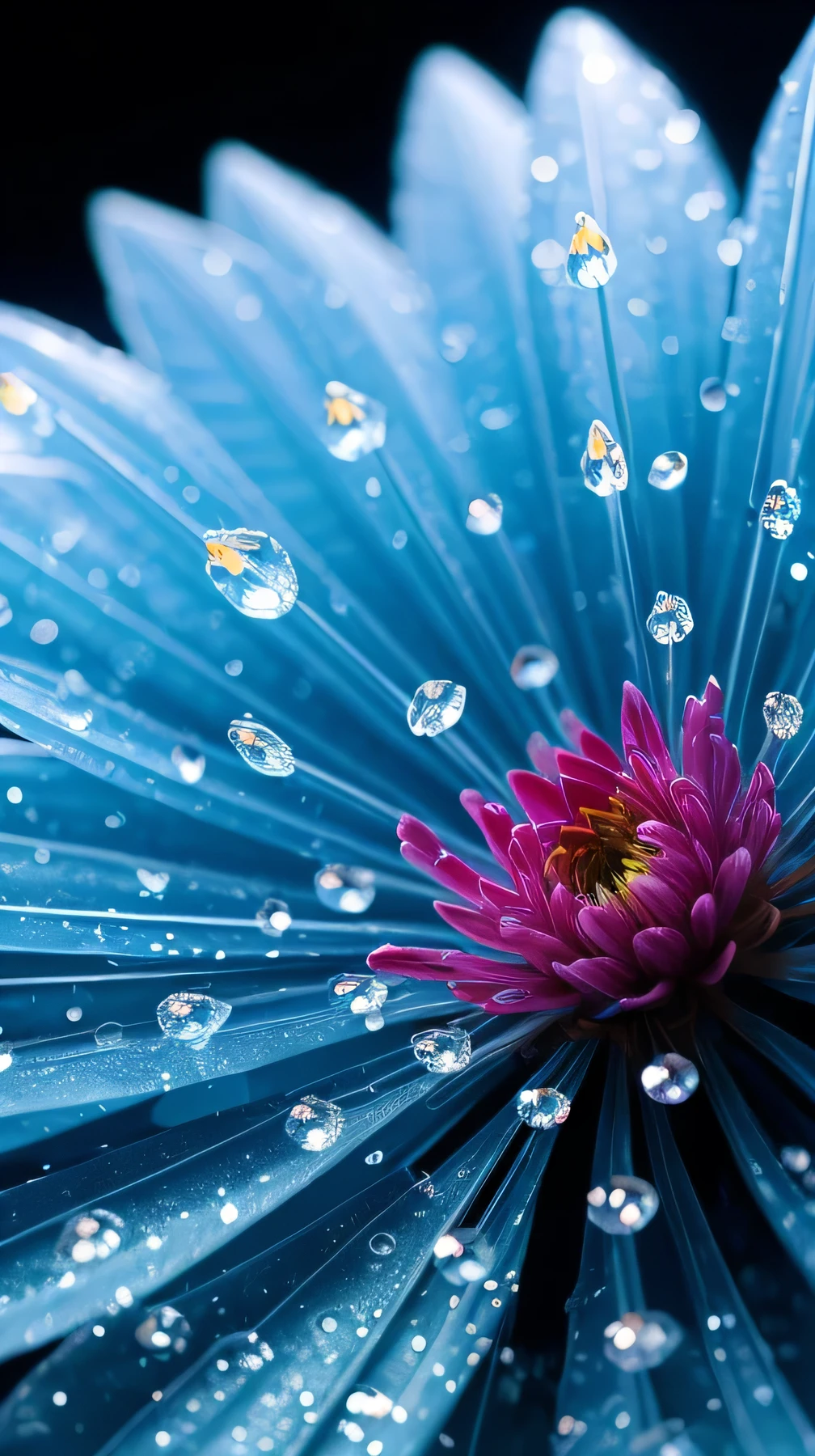 Crystal spring flower, black background, blue and pink floral, water drop, Fantastical, galaxies, Transparent, water drop, Light blue leaves, Sparkle, Sparkle, brilliance, Water, colorful, Magical photography of light blue leaves, dramatic illumination, Photorealism, Ultra detailed, 4k, depth of field, high resolution