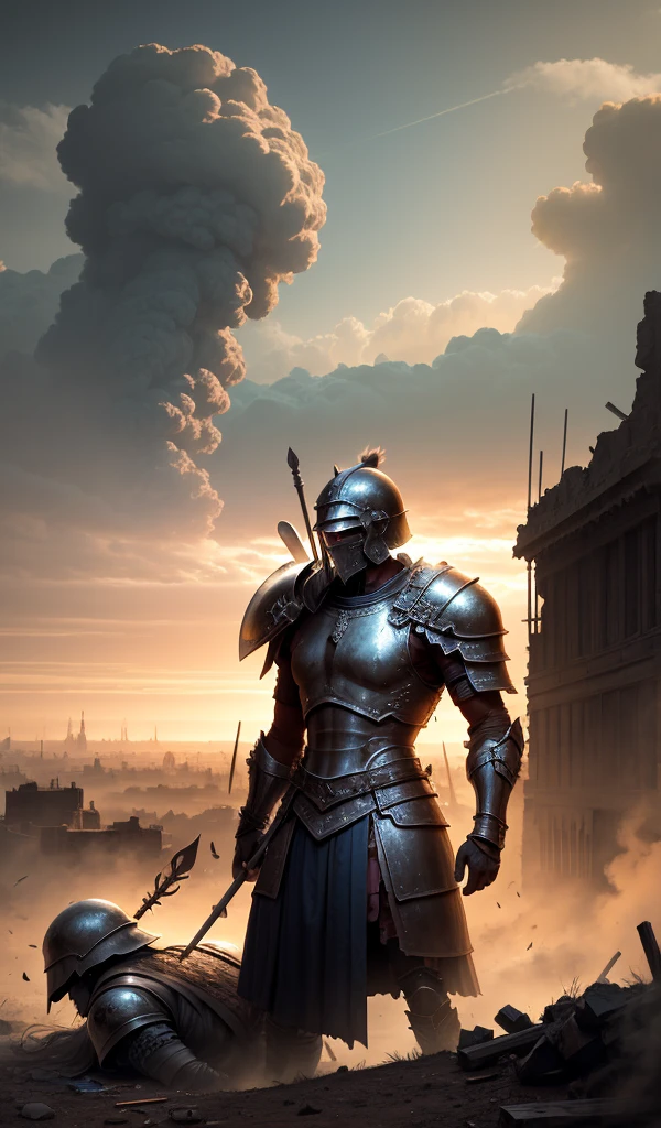A Trojan warrior standing over the body of a fallen comrade, the battlefield strewn with broken shields and spears, smoke rising from the distant city.