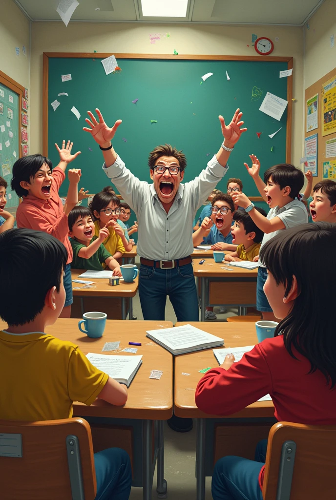 Very noisy classroom and a very angry teacher and all the students were talking and then standing