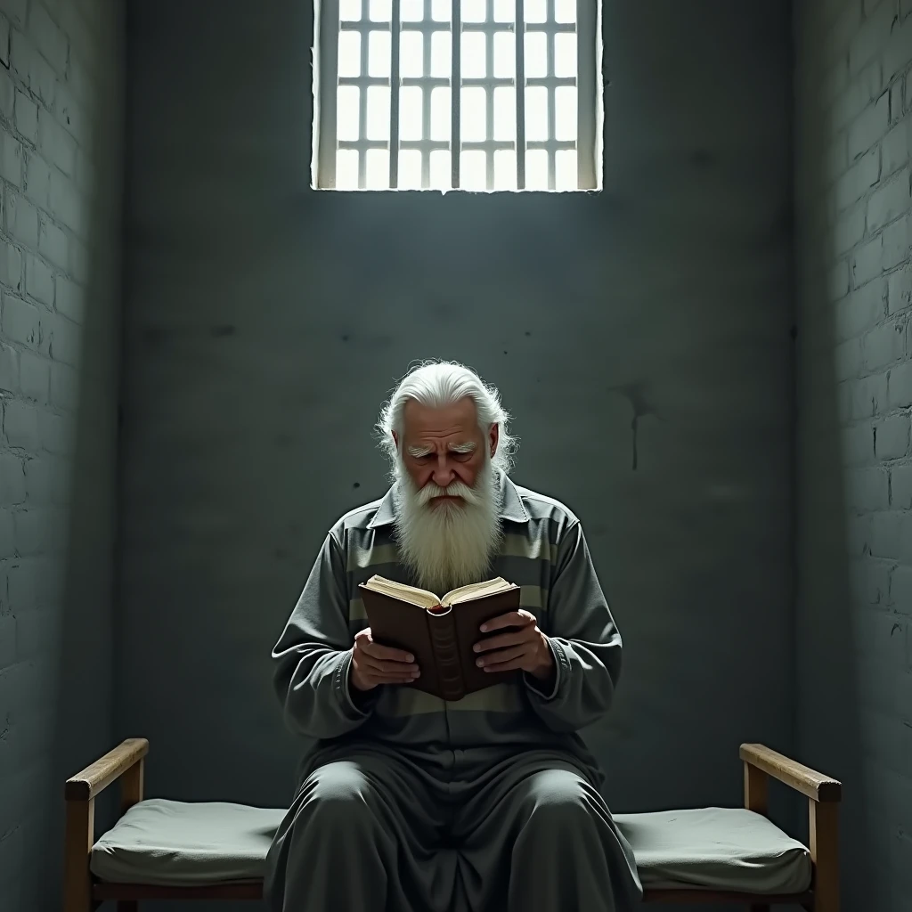 Create a man with white hair and beard dressed as a prisoner reading the Bible in a prison