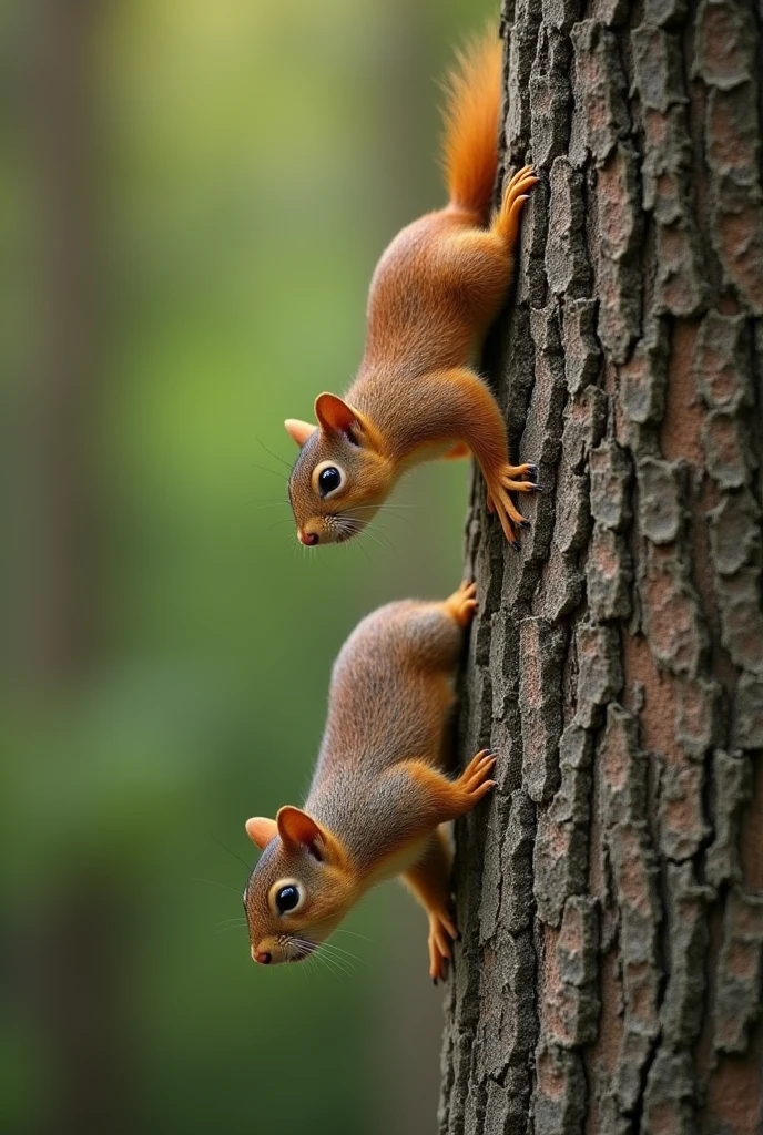 Two squirrels moving along a tree trunk; One is above and the other is below the tree trunk (4 frames)