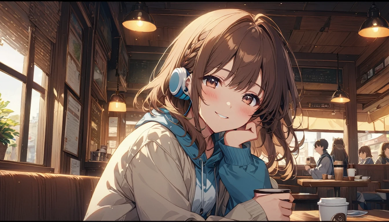 A 20-year-old girl with brown hair and headphones、Scene of people enjoying coffee at a cafe。
background：The warm interior of the cafe。
expression：relaxed smile。
Costume：Casual and slightly stylish clothing。
Pause：while holding a coffee cup、Taking a breather。
scene：In the midst of busy daily life、Time to relax in the afternoon。
(Detailed fingers), (Emotional), (Breathtakingly beautiful), (whole body), (Anime Style), (Very detailed), (超High resolution, High resolution), (8k), (Complex and beautiful: 1.2)。
