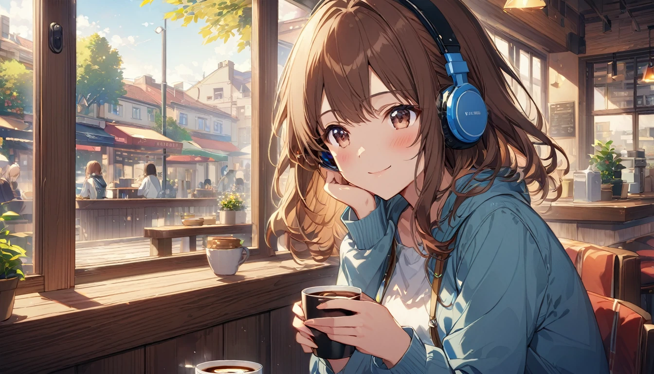 A 20-year-old girl with brown hair and headphones、Scene of people enjoying coffee at a cafe。
background：The warm interior of the cafe。
expression：relaxed smile。
Costume：Casual and slightly stylish clothing。
Pause：while holding a coffee cup、Taking a breather。
scene：In the midst of busy daily life、Time to relax in the afternoon。
(Detailed fingers), (Emotional), (Breathtakingly beautiful), (whole body), (Anime Style), (Very detailed), (超High resolution, High resolution), (8k), (Complex and beautiful: 1.2)。

