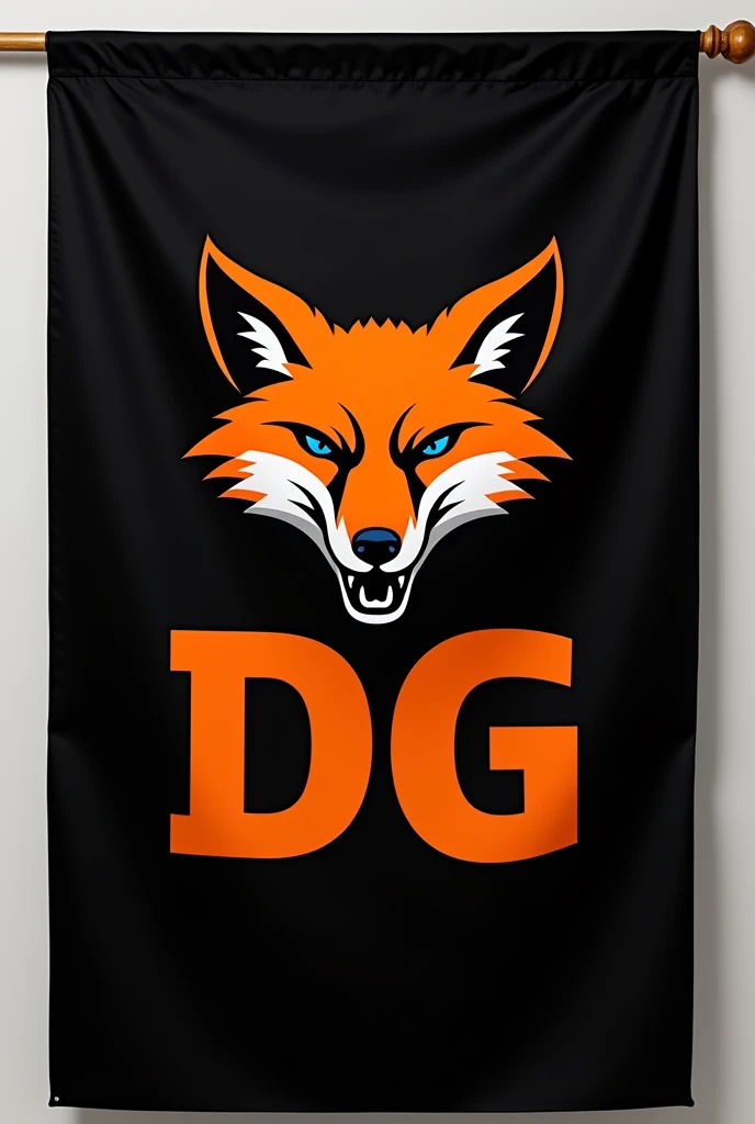 Design a horizontal sports flag with a 16:9 aspect ratio and a black background. Feature a fierce, aggressive fox mascot in vibrant orange. Include the text '3 DG' prominently in bold orange. Ensure the design is clean, impactful, and well-balanced