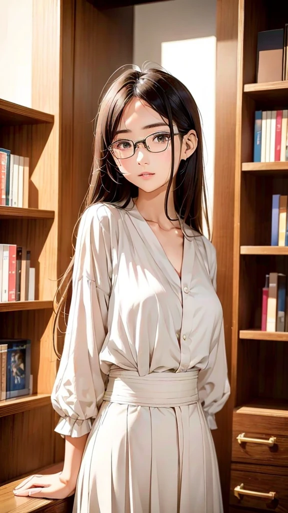 梨花の画像生成のためのpromptを以下にまとめます。

---

**prompt:**

Create an image of a 28-year-old Japanese woman named Rika. She has a slim and slender build with a well-proportioned figure, featuring measurements of 85cm (bust), 62cm (waist), and 88cm (hips). Rika has shoulder-length wavy brown hair, which she often wears in a simple, elegant style. Her large, intelligent eyes are framed by long lashes, and she sometimes wears glasses that enhance her intellectual appearance. 

Her facial features include a well-defined nose and soft lips that give her a calm and gentle expression. Rika is dressed in a simple yet sophisticated outfit: a modest, well-fitted blouse paired with a long skirt. The color palette is understated, featuring neutral tones such as beige or light grey. 

The setting is inside a cozy, traditional bookstore, where she is surrounded by bookshelves filled with history and culture books. The lighting is warm and inviting, reflecting her composed and knowledgeable personality. The image should capture her serene confidence and quiet strength, emphasizing her love for knowledge and culture.

---

This detailed prompt will help generate an image that accurately reflects Rika's character and appearance based on your description.